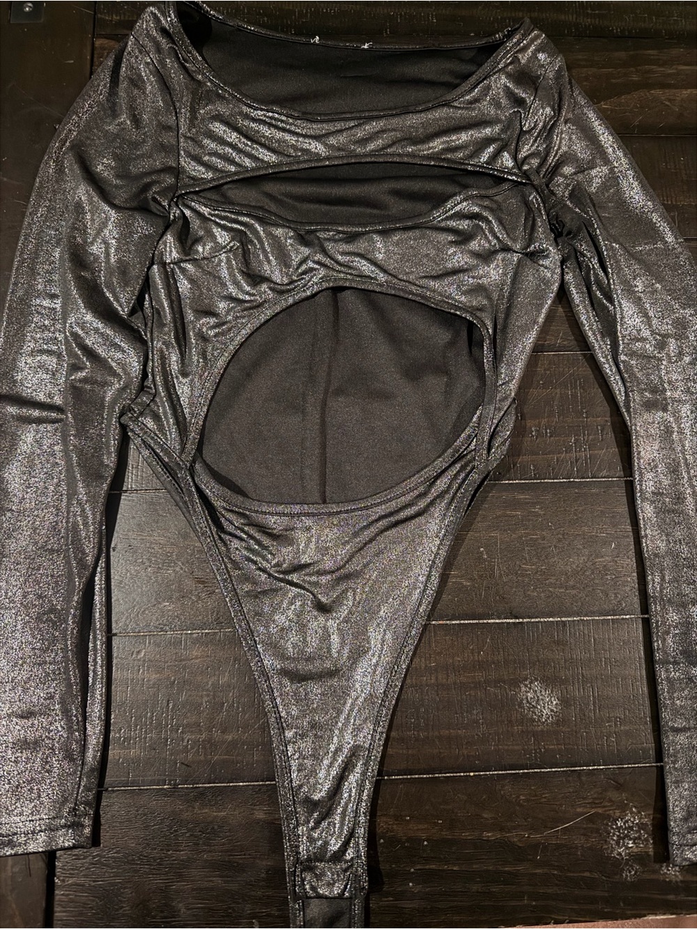 Metallic Gunmetal Cutout Long Sleeve Bodysuit | Festival Rave Outfit